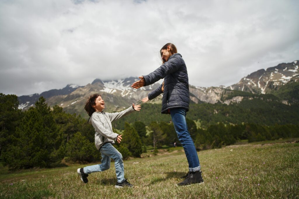 Happy family in mountain.