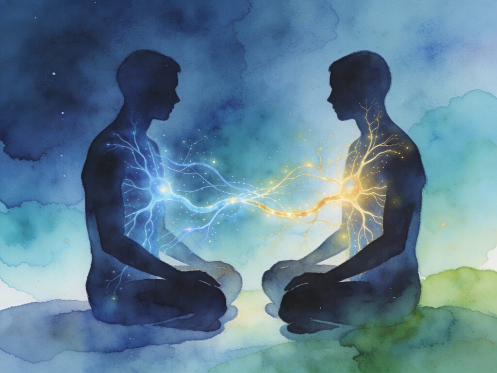 Silhouettes with glowing nervous system pathways connecting them