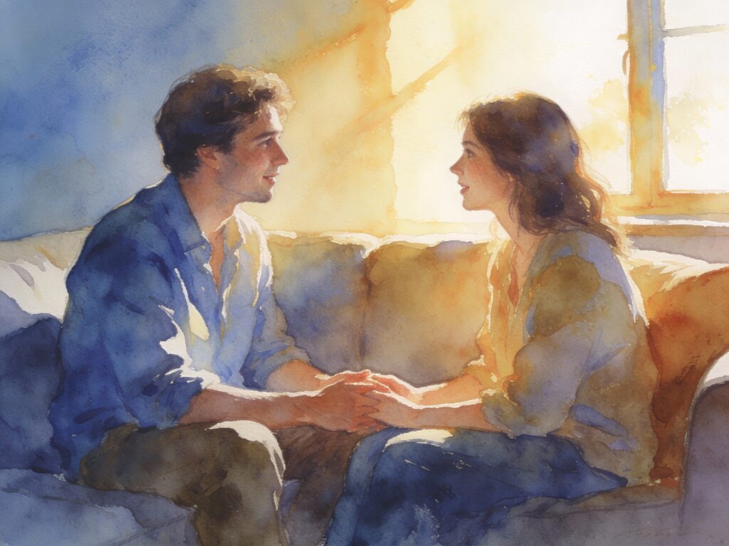 Couple creating emotional safety through vulnerable conversation