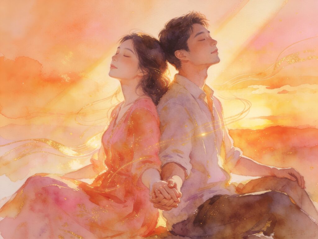 Couple practicing co-regulation, synchronized breathing, peaceful