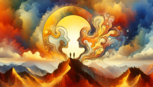 Abstract watercolor figures flowing together representing 80/80 marriage generosity in Utah relationships