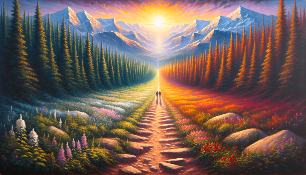Oil painting of merging paths toward Utah mountains representing 80/80 marriage journey forward