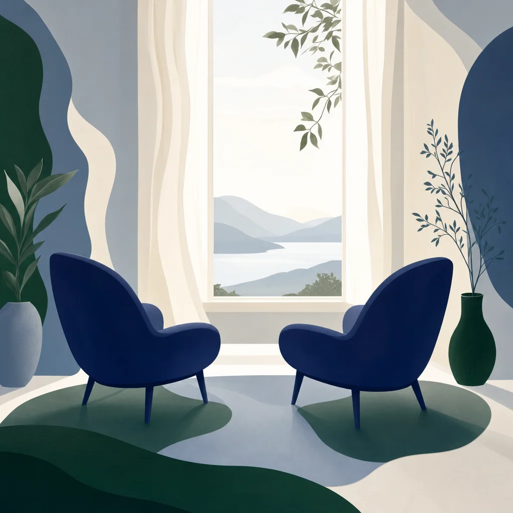 A calm couples therapy room in Utah County with two chairs facing each other, representing a safe space for financial stress and relationship therapy